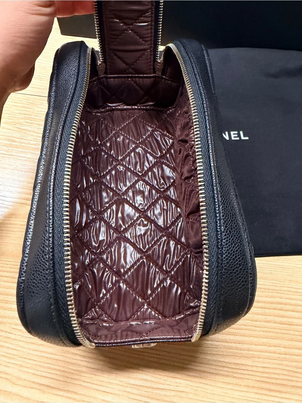 Chanel Black Quilted Caviar Toiletry Case With Chain